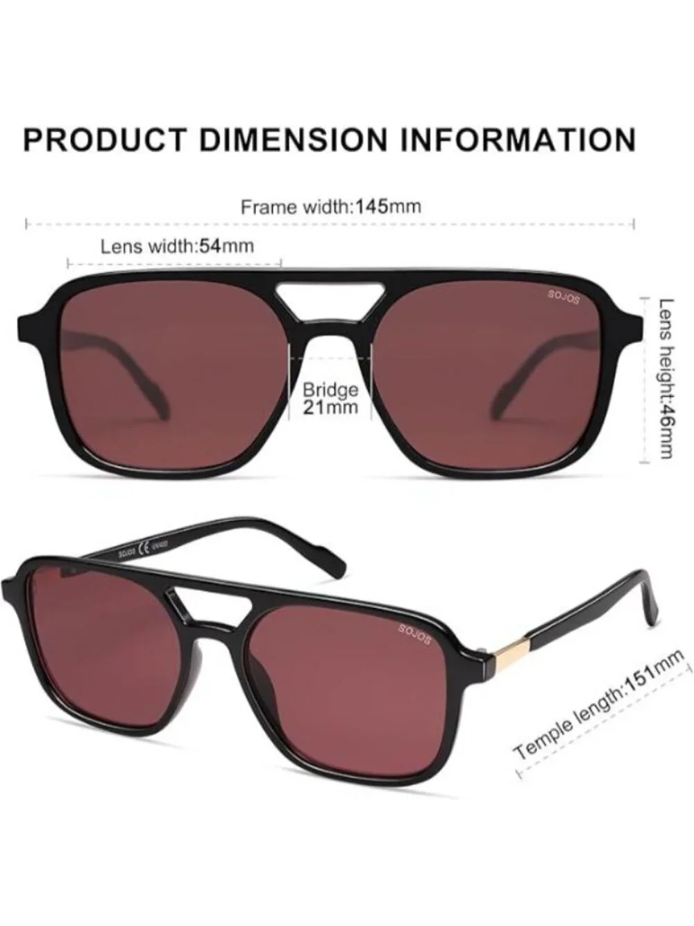 SOJOS Women Aviator Sunglasses Rectangle Sun Glasses Black Frame Red Lens